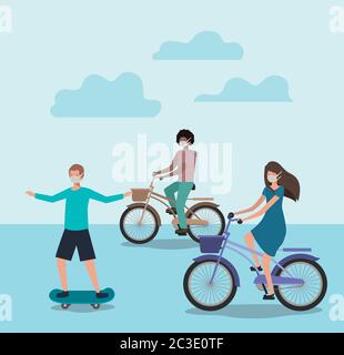 Persone con maschere su cicli e skateboard con nuvole design di cure mediche e covid 19 virus tema illustrazione vettoriale Illustrazione Vettoriale