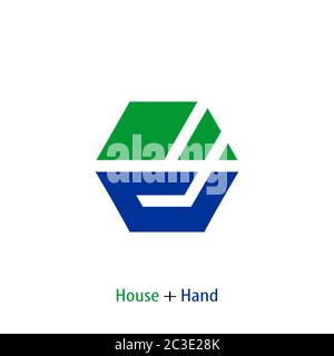 Modello logo per la cura della casa, icona di concetto di design per la mano e la casa, isolata su sfondo bianco. Illustrazione Vettoriale