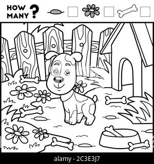 Gioco di conteggio per i bambini di Preschool. Educare un gioco matematico. Contare quanti elementi e scrivere il risultato! Cane e sfondo Illustrazione Vettoriale