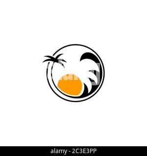 Vettore logo Ocean. Concetto di design di sole, onde e palme. Isolato su sfondo bianco. Illustrazione Vettoriale
