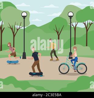 Persone con maschere in ciclo e skateboards al disegno parco di cure mediche e covid 19 virus tema illustrazione vettoriale Illustrazione Vettoriale