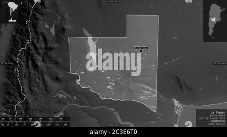 La Pampa, provincia di Argentina. Mappa in scala di grigi con laghi e fiumi. Forma presentata contro la sua area di paese con overlay informativi. Rendering 3D Foto Stock