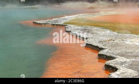 Bordo rosso di champagne piscina termale vicino a Rotorua sull'Isola del nord della Nuova Zelanda Foto Stock