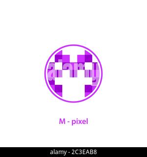 Lettera iniziale M logo, concetto di disegno pixel art, isolato su sfondo bianco. Illustrazione Vettoriale