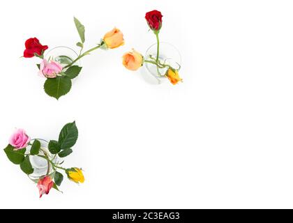 Composizione minimalista di rose multicolore in vasi di vetro. Biglietto d'auguri per le festività. Foto Stock