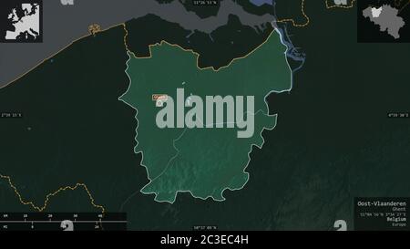 Oost-Vlaanderen, provincia del Belgio. Rilievo colorato con laghi e fiumi. Forma presentata contro la sua area di paese con overlay informativi. 3D ren Foto Stock