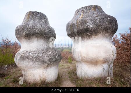 Sculture architettoniche gemelle in un parco nel Burgenland Foto Stock