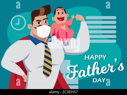 Felice giorno del padre, padre e figlio di Superhero con maschera medica all'interno del vettore di illustrazione domestica Illustrazione Vettoriale