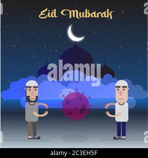 EID Mubarak illustrazione che mostra la gente non può abbracciarsi a causa di pandemia di coronavirus Illustrazione Vettoriale