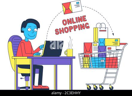 L uomo lo shopping online con il computer portatile Illustrazione Vettoriale