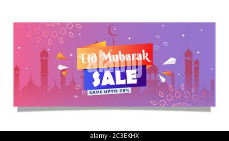 Banner vendita EID Mubarak, poster, sfondo per lo shopping online e il business, vettore grafico piatto cashback Illustrazione Vettoriale