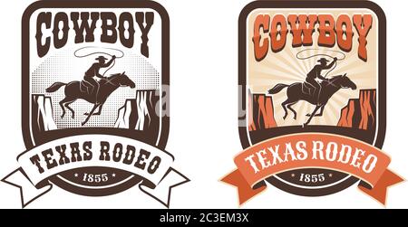 Badge Rodeo retrò occidentale - cavaliere con lazo Illustrazione Vettoriale