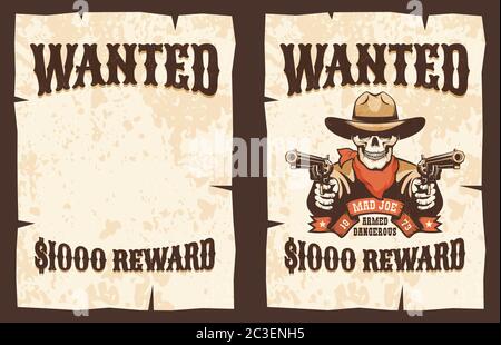 Voluto poster vintage - cowboy cranio con pistole Illustrazione Vettoriale