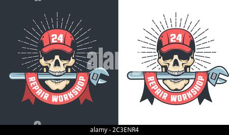 Logo del wintage per officina riparazione meccanica con cranio nel tappo e chiave grande Illustrazione Vettoriale