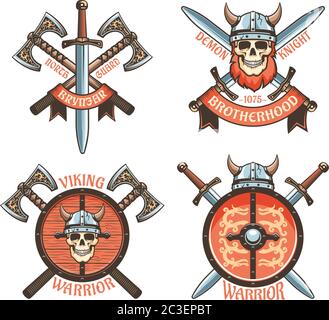 Logo vintage Scandinavian Viking Knight. Illustrazione Vettoriale