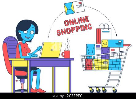 Donna shopping online con il computer portatile Illustrazione Vettoriale