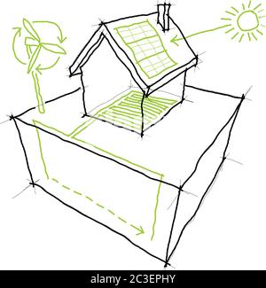 Schizzi di fonti di energia rinnovabile (turbina eolica, pannello solare/fotovoltaico, pompa termica/termica) su un semplice disegno di casa Illustrazione Vettoriale