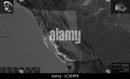 British Columbia, provincia del Canada. Mappa in scala di grigi con laghi e fiumi. Forma presentata contro la sua area di paese con overlay informativi. 3D ren Foto Stock