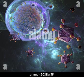 Illustrazione dell'immunoterapia DELLE cellule T DELL'AUTOMOBILE (recettore chimerico dell'antigene), un processo che è sviluppato per trattare il cancro. Le cellule T (una in alto a sinistra), parte del sistema immunitario del corpo, vengono prelevate dal paziente e hanno il loro DNA (acido deossiribonucleico) modificato da virus (viola) in modo da produrre proteine del recettore dell'antigene chimerico (CAR). Queste proteine saranno specifiche per il cancro del paziente. Le cellule T modificate vengono quindi moltiplicate in laboratorio prima di essere reintrodotte nel paziente. Foto Stock