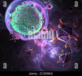 Illustrazione dell'immunoterapia DELLE cellule T DELL'AUTOMOBILE (recettore chimerico dell'antigene), un processo che è sviluppato per trattare il cancro. Le cellule T (una in alto a sinistra), parte del sistema immunitario del corpo, vengono prelevate dal paziente e hanno il loro DNA (acido deossiribonucleico) modificato da virus (viola) in modo da produrre proteine del recettore dell'antigene chimerico (CAR). Queste proteine saranno specifiche per il cancro del paziente. Le cellule T modificate vengono quindi moltiplicate in laboratorio prima di essere reintrodotte nel paziente. Foto Stock