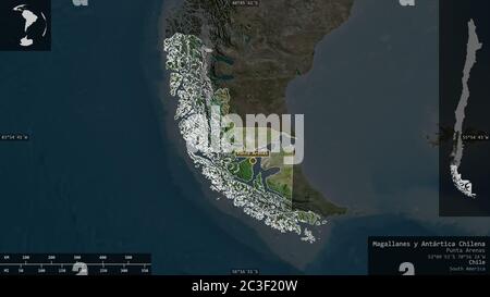 Magallanes y Antártica Chilena, regione del Cile. Immagini satellitari. Forma presentata contro la sua area di paese con overlay informativi. Rendering 3D Foto Stock