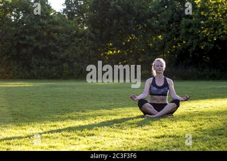 Donna (38) che pratica yoga su un prato nel parco, Kiel, Schleswig-Holstein, Germania Foto Stock