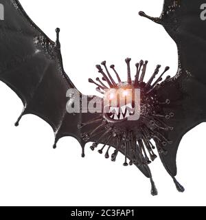 Coronavirus nero covid-19 con ali di pipistrello e occhi luminosi su sfondo bianco. Rendering 3D Foto Stock