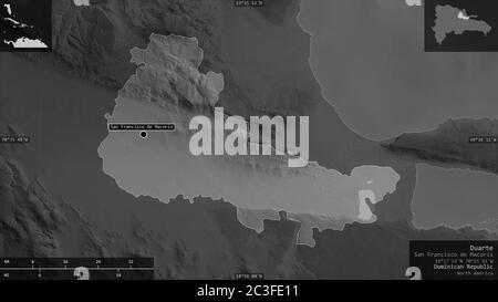 Duarte, provincia della Repubblica Dominicana. Mappa in scala di grigi con laghi e fiumi. Forma presentata contro la sua area di paese con overlay informativi. 3D r Foto Stock