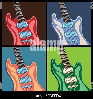 Illustrazione vettoriale stilizzata su un tema musicale. Chitarre in colori diversi Illustrazione Vettoriale