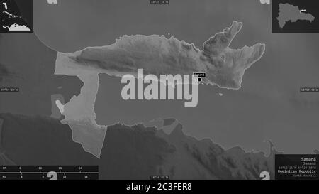 Samaná, provincia della Repubblica Dominicana. Mappa in scala di grigi con laghi e fiumi. Forma presentata contro la sua area di paese con overlay informativi. 3D r Foto Stock