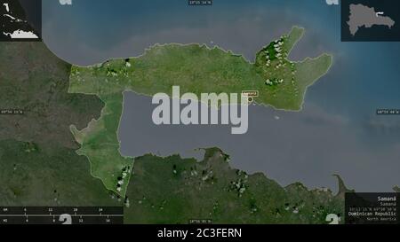 Samaná, provincia della Repubblica Dominicana. Immagini satellitari. Forma presentata contro la sua area di paese con overlay informativi. Rendering 3D Foto Stock