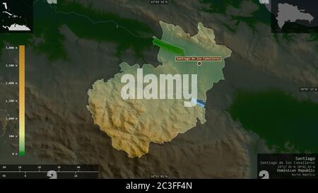 Santiago, provincia della Repubblica Dominicana. Dati di shader colorati con laghi e fiumi. Forma presentata contro la sua area del paese con overlay informativo Foto Stock