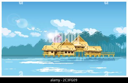Illustrazione vettoriale stilizzata di un villaggio su un fiume nella giungla. Senza giunture orizzontali se necessario. Illustrazione Vettoriale