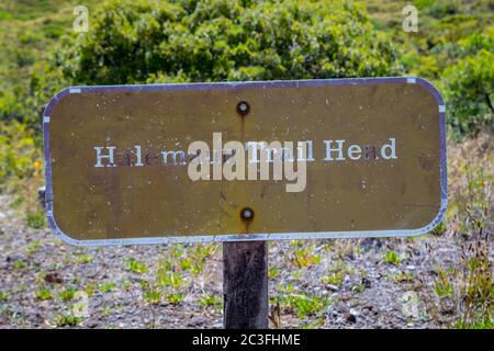 Una scheda descrittiva per il sentiero nel Parco Nazionale di Haleakala, Hawaii Foto Stock