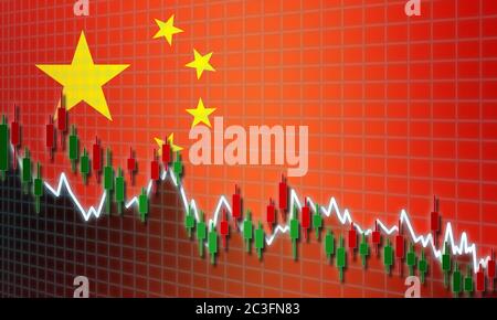 Economia in calo con la bandiera cinese, rendering 3d Foto Stock