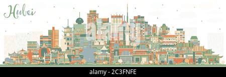 Provincia di Hubei in Cina. Skyline della città con edifici a colori. Illustrazione vettoriale. Concetto di turismo con architettura storica. Paesaggio urbano di Hubei. Illustrazione Vettoriale