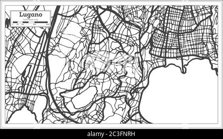 Lugano Svizzera Mappa della città in bianco e nero in stile retro. Mappa di contorno. Illustrazione vettoriale. Illustrazione Vettoriale