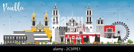 Puebla Mexico City Skyline con edifici a colori e Blue Sky. Illustrazione vettoriale. Concetto turistico con architettura storica e moderna. Illustrazione Vettoriale