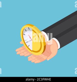 Mani di uomo d'affari isometriche 3d piatte che tengono mezzo orologio e moneta di denaro. Il tempo è concetto di denaro. Illustrazione Vettoriale