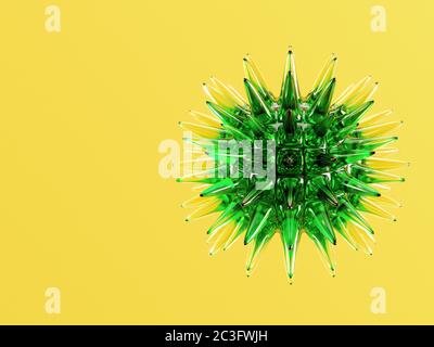 Una palla di vetro verde con punte, simile a coronavirus su sfondo giallo. Rendering 3D Foto Stock