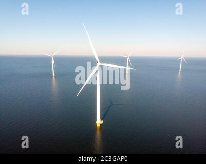 Fattoria di mulino a vento con campi tulipani colorati nel Noordoostpolder olanda, turbina a vento a energia verde in mare e terra Foto Stock