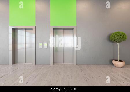 Lobby all'aperto con pavimento in cemento, soffitto in legno, reception, ascensore. immagine di rendering 3d mock-up. Foto Stock