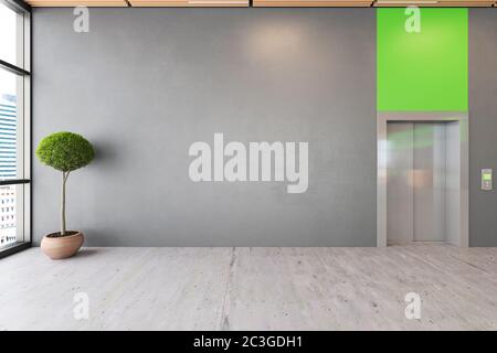 Lobby all'aperto con pavimento in cemento, soffitto in legno, reception, ascensore. immagine di rendering 3d mock-up. Foto Stock