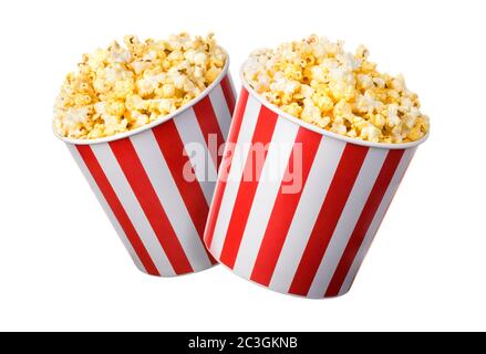 Set di secchi a strisce di carta con popcorn isolato su sfondo bianco Foto Stock