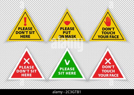Segnali di avvertimento del coronavirus triangolare su sfondo trasparente. Indossare la maschera. Mantenere la distanza. Non sedersi qui. Siediti qui. Non toccare il viso Illustrazione Vettoriale