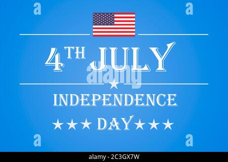 Illustrazione con il testo 4 luglio, Independence Day in bianco su sfondo blu, con la bandiera degli Stati Uniti Foto Stock