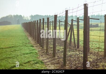 Erba e percorso tra recinzioni di filo spinato nel campo di concentramento e sterminio tedesco Majdanek. Lublino, Polonia Foto Stock