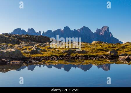 Vette specchiate del gruppo di palme, montagne pallidi di san Martino con cielo blu Foto Stock