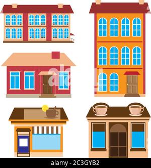 Un insieme di case vettoriali. Immagine su sfondo bianco isolato. Illustrazione Vettoriale