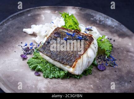 Filetto di merluzzo europeo fritto gourmet skrei con rapini broccoli e tagliatelle come primo piano su una piastra di design moderno Foto Stock